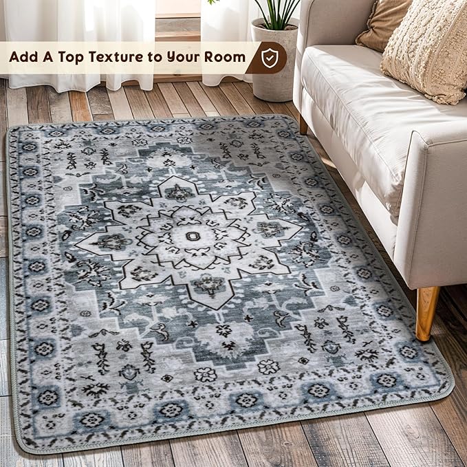LBRO2M Boho Rug for Entryway Indoor Washable Rugs 3X5 Front Door Carpet Non Slip Throw Rug, Small Rug for Bathroom Kitchen Rugs Pet Friendly Area Rugs Low Piles (3'X5' Dusty Blue)