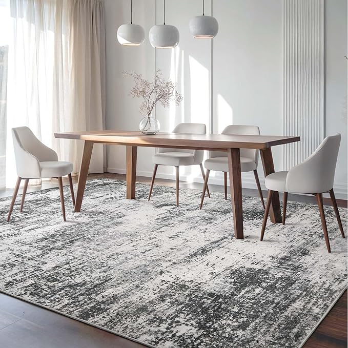 Area Rug Living Room Washable Rugs: 9x12 Modern Neutral Abstract Low Pile Non Slip Floor Carpet - Large Soft Thin Stain Resistant Rug for Bedroom Dining Indoor Office Home, Dark Grey