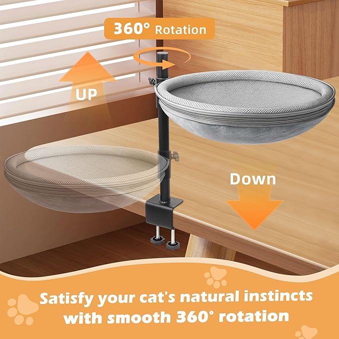 Cat Desk Bed,360°Swivel,Height Adjustable,Desktop Attachment Cats Perch for Home Office,Cover Washable, Holds Up to 45lbs,Kitten Furniture Accessories,Cat Beds，Cats Furniture(Grey)