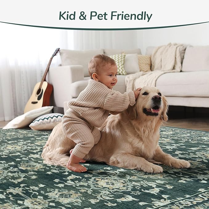 Lessymo 5x7 Area Rugs for Living Room, Machine Washable Non Slip Rug, Soft Low Pile Carpet for Bedroom Dining Home Office, Vintage Dark Green Distressed Floral Floor Mat