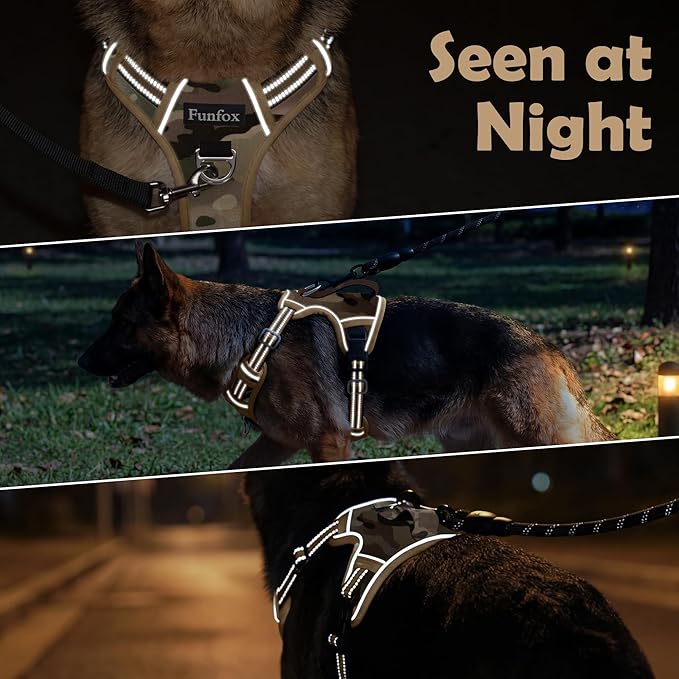 Funfox Dog Harness No Pull, Adjustable Pet Vest Harness, Super Soft Material with Vertical Handle Easy Control, Reflective Night Walking, 2 Leash Clips for Large Dogs, Camo Brown, L