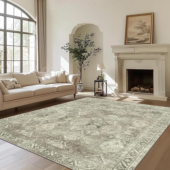 GENIMO 6x9 Area Rugs for Living Room, Machine Washable Vintage Non Slip Rugs, Low Pile Lightweight Chenille Print Rug for Bedroom, Dining Room, Home Office, Vintage Sage/Grey