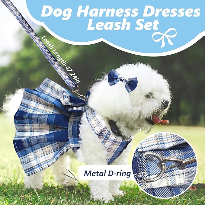 Dog Dress Bowknot Harness Leash Set for Small Dogs Girl Cute Plaid Dog Dress Pearls Bow Tie Spring Summer Princess Clothes Birthday Holiday Doggie Outfits for Puppy Cats Girl Apparel (Red, Large)