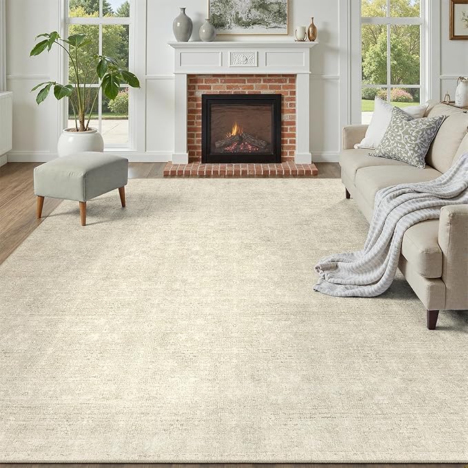 DCX 9x12 Beige Rug, Kid & Pet Friendly with Rubber Back Non Slip, Machine Washable Stain Resistant Neutral Floral Rug for Living Room, Bedroom, Home Office, Soft Low Pile Large Nursery Carpet