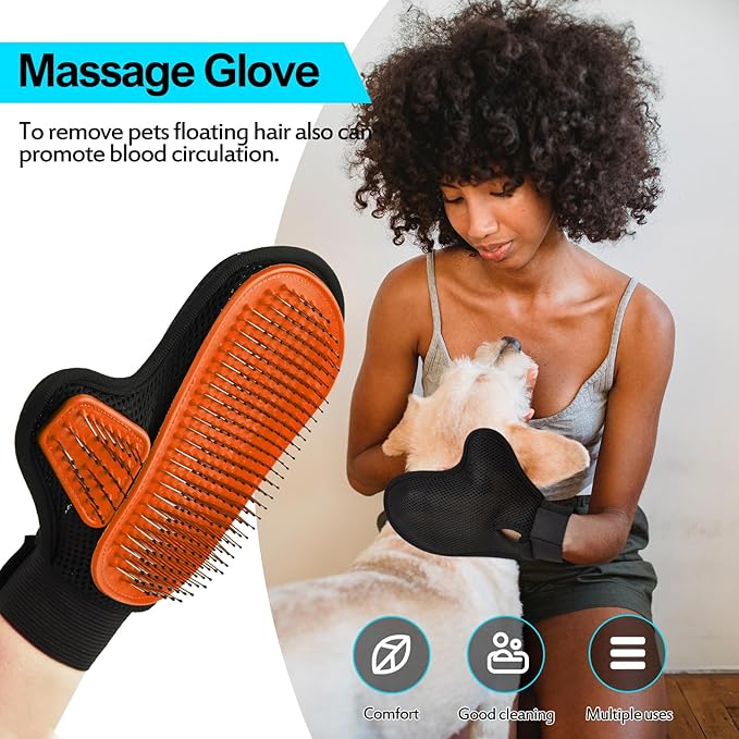 2025 Pet Grooming Glove with Tipped Pin Brush,Special Design Deshedding Glove, Perfect Petting Tool for Sensitive Dogs & Cats with Long & Medium Fur, Massage Mitt - Right-Hand - Orange