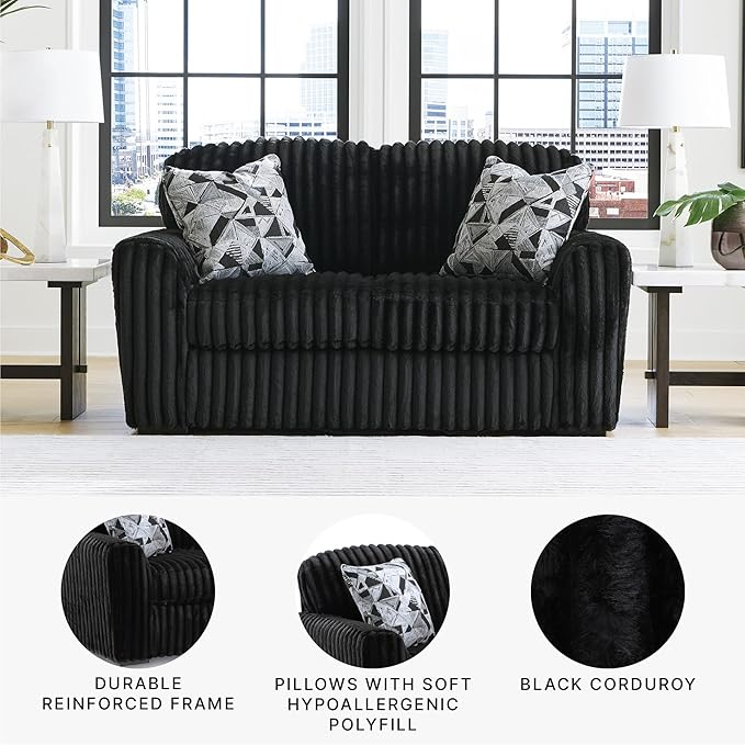 Signature Design by Ashley Midnight-Madness Modern Anti Sage Loveseat with Reversible Cushions, Black