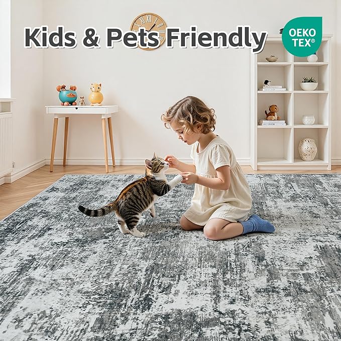 9x12 Area Rugs Living Room Rug Modern Abstract Neutral Washable Rugs Non Slip Soft Carpet Large Area Rug Low Pile Stain Resistant Non Shedding for Bedroom Nursery Dining Room Home Office Gray