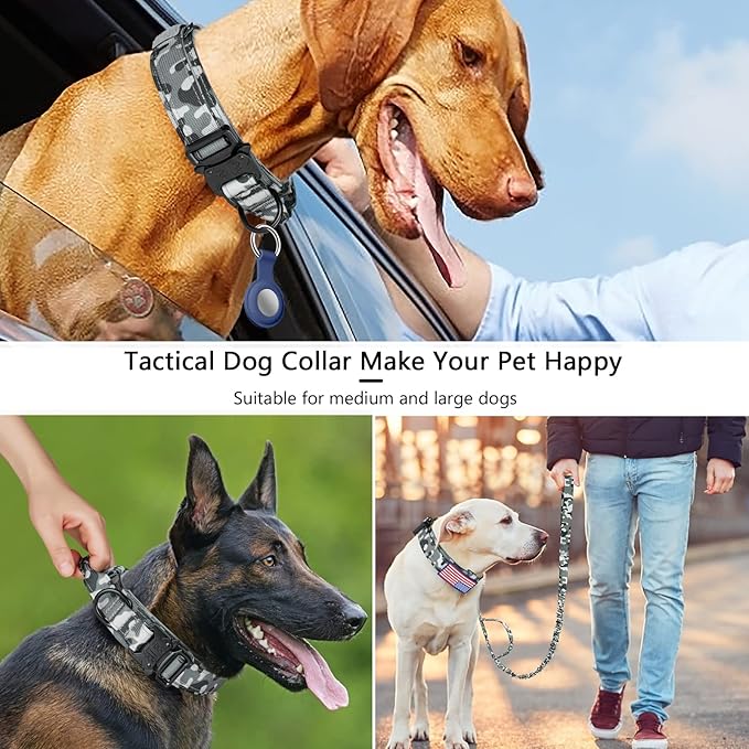 DAGANXI Tactical Dog Collar, Adjustable Military Training Nylon Dog Collar with Control Handle and Heavy Metal Buckle for Medium and Large Dogs, with Patches and Airtags Case (M, Camo-Set)
