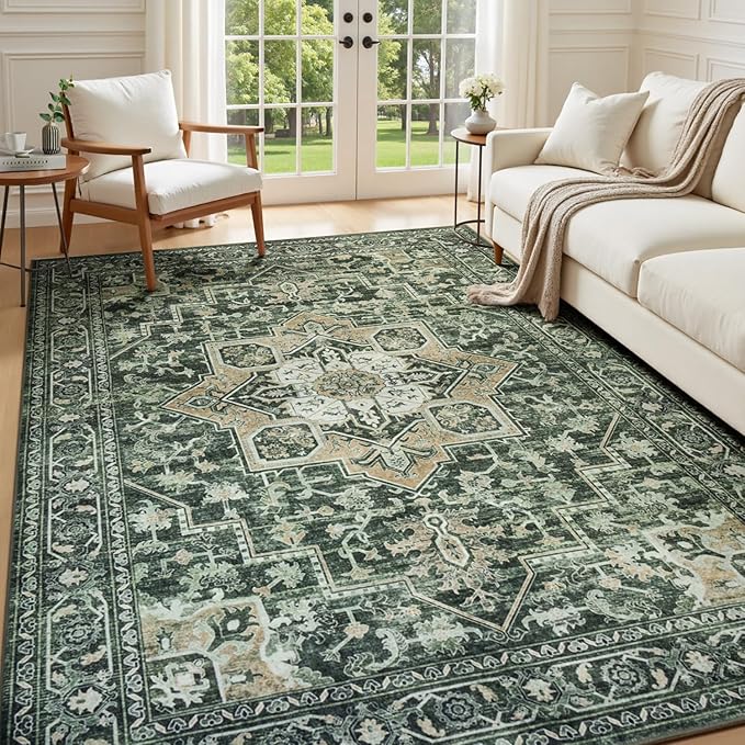 Lessymo 5x7 Washable Area Rugs for Living Room, Soft Green Boho Rug for Bedroom Kitchen Dining Room, Vintage Carpet Non Slip Low Pile Rug Stain Resistant for Nursery Home Office Indoor, Green/Yellow