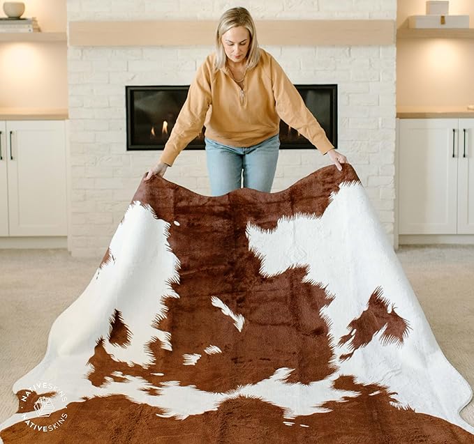 NativeSkins Faux Cowhide Rug ??Brown and White (Oversized) | 6'3" x 8'2" | Cow Print | Western Bedroom Decor | Hand-Cut, Faux Suede No-Slip Backing | Western Rug | Animal Print | Cow Hide