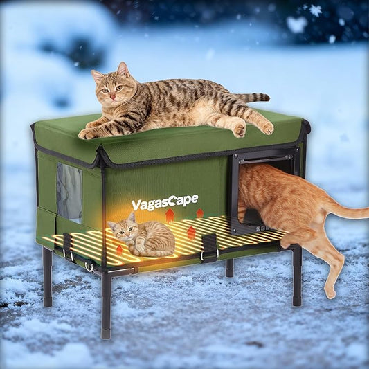 Heated Cat House for Outdoor in Winter, Insulated Weatherproof Cat Shelter with Heating Pad and Safe Escape Door, Waterproof Warm Home for Outside Barn Feral Stray Cat（Green）
