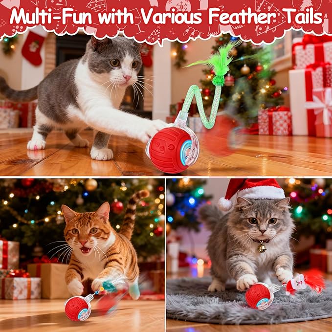 Interactive Cat Toy Ball - Christmas Cat Toys for Indoor Cats with Feather Tails for Chasing, Moving Stimulation Smart Cat Toy for Enrichment, Motion Activated Automatic Rolling Toys to Keep Them Busy