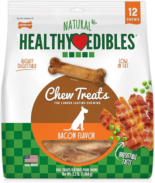 Nylabone Healthy Edibles Natural Dog Chews, Long Lasting Bones for Dogs, Bacon Flavor Dog Treats, Medium (12 Count)