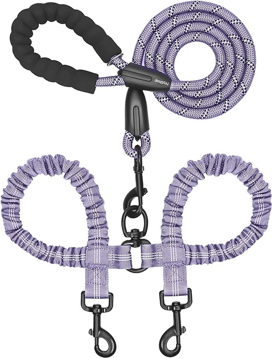 iYoShop Dual Dog Leash - 360° Swivel, No Tangle Walking Leash with Shock Absorbing Bungee for Two Dogs (Medium, 8-35 lbs, Lavender)