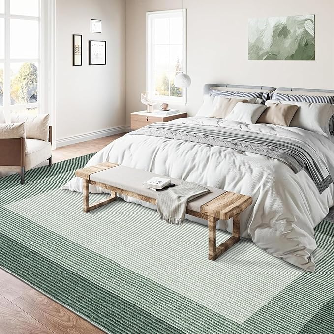 GarveeHome Area Rugs 9x12 Living Room Rug, Modern Bordered Machine Washable Rug Large Soft Geometric Carpet for Bedroom Non Slip Stain Resistant Neutral Solid Carpet for Dining Room Farmhouse, Green