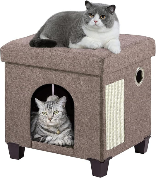BRIAN & DANY Foldable Cat House, Cat Cave, Cat Cube with Scratch Board & Ball, 14.7" x 14.1” x 12.7”, Brown