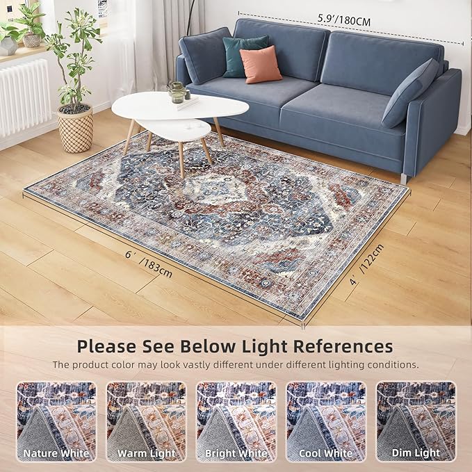 Deerly Boho Area Rug 4x6 Bedroom Rugs Ultra Soft Indoor Washable Rugs for Living Room Bedroom Laundry Room Decor, Low Pile Non-Slip Backing(Border Brown/Navy Blue)