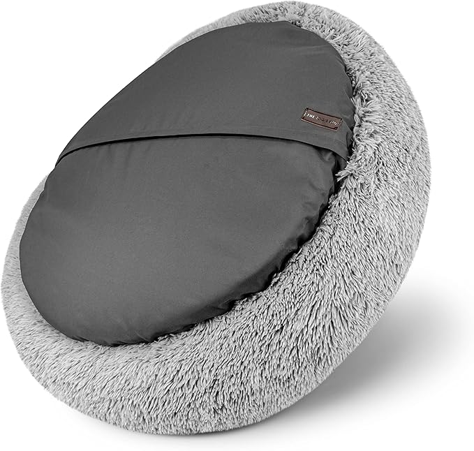 The Dog’s Bed Calming Plush Donut Dog Bed, Replaceable Zip Cover, Silver Grey Fur, Large