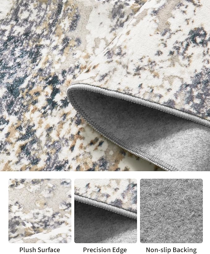 Art&Tuft Washable Rug, Anti-Slip Backing Abstract 4x6 Rug, Stain Resistant Rugs for Living Room, Foldable Machine Washable Area Rug (TPR18-Blue, 4'x6')
