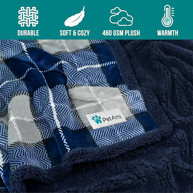 PetAmi Dog Blanket for Medium Large Dogs, Pet Bed Blanket Cat Puppy Kitten, Fleece Furniture Couch Cover Protector Sofa Car, Soft Sherpa Dog Throw Plush Reversible Washable, 40x60 Plaid Navy Blue
