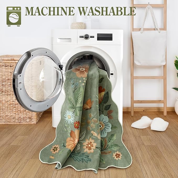 Lahome Floral Runners for Hallways, 2X6 Kitchen Runner Rug Ultra-Thin Soft, Non-Slip Hallway Rug Stain Resistant Boho Low-Pile Carpet for ‎Laundry Bathroom Bedroom(2x6ft,Green)