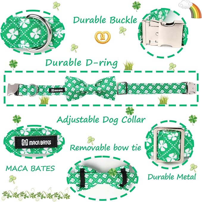 Maca Bates St. Patrick's Day Shamrock Dog Collar,Fancy Bow Tie,Large Girl Boy Dogs, Checkered Lucky Clover Pattern,Adjustable Durable Soft Checkered Collars Irish Gift for Male Female Puppy