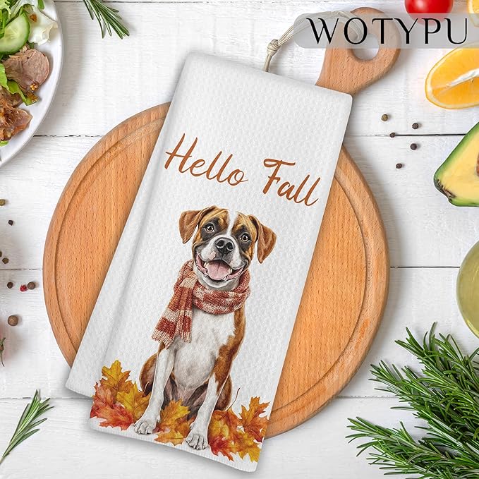 Fall Boxer Kitchen Towels, Boxer Lover Gifts Dish Tea Towel for Kitchen Decor, Farmhouse Fall Autumn Maple Leaf Dog Hand Towels for Bathroom Decor,16X24 Inch