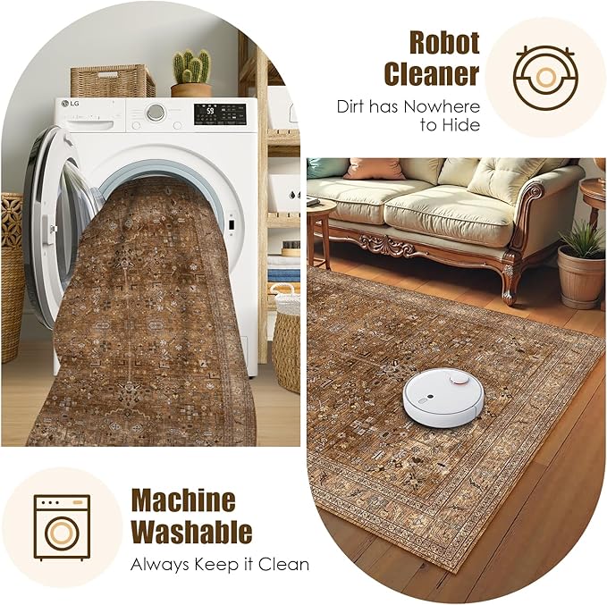 Washable Area Rug 5' x 7' Vintage Traditional Persian Mat - Foldable Distressed Non-Slip Machine Washable Carpet for Living Room Bedroom Kitchen Home Decor - Bronze and Ivory