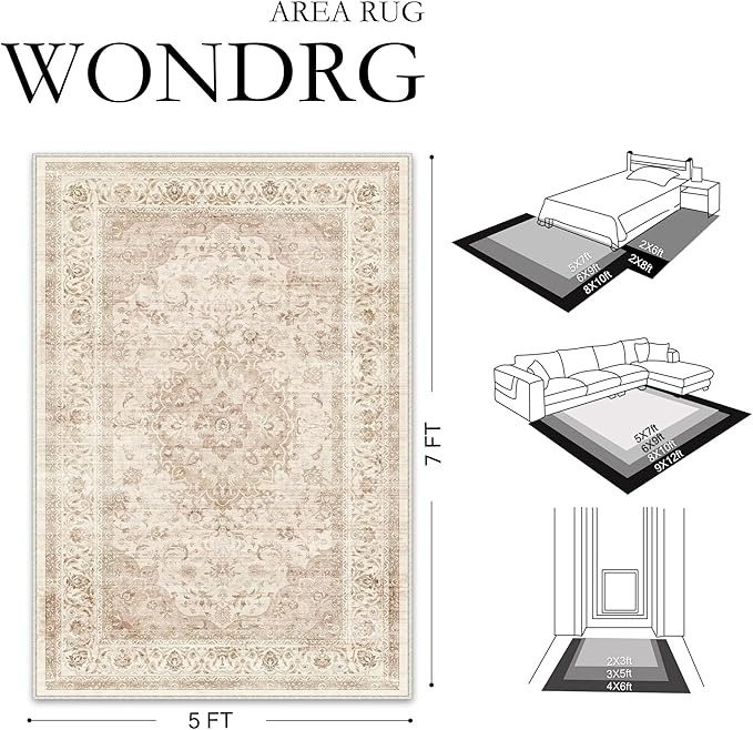 3x5 Beige Washable Vintage Area Rug for Living Room Bedroom Soft Tranditional Non Slip Throw Rug Lightweight Floral Low Pile Distressed Carpet Entrance Laundry Room Office