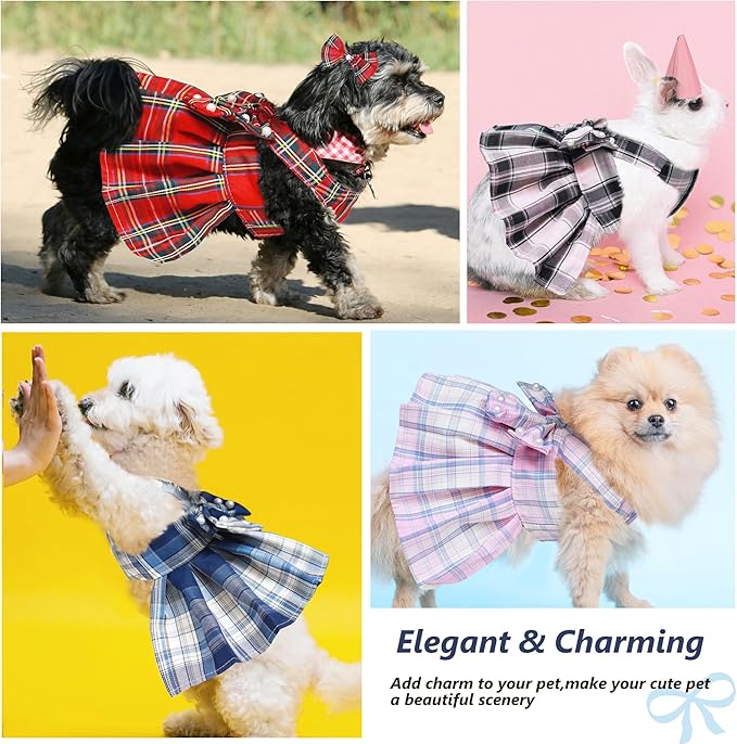 Dog Dress Bowknot Harness Leash Set for Small Dogs Girl Cute Plaid Dog Dress Pearls Bow Tie Spring Summer Princess Clothes Birthday Holiday Doggie Outfits for Puppy Cats Girl Apparel (Blue, X-Large)