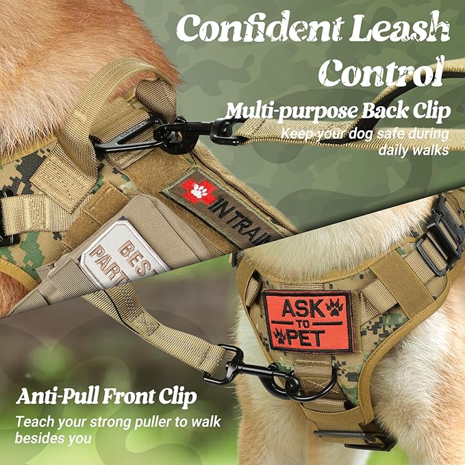rabbitgoo Tactical Dog Harness for Small, Heavy Duty Pet Harness with Handle, No-Pull Service Vest Small Breed, Adjustable Military Dog Vest for Training Hunting Walking, Brown Camo, S