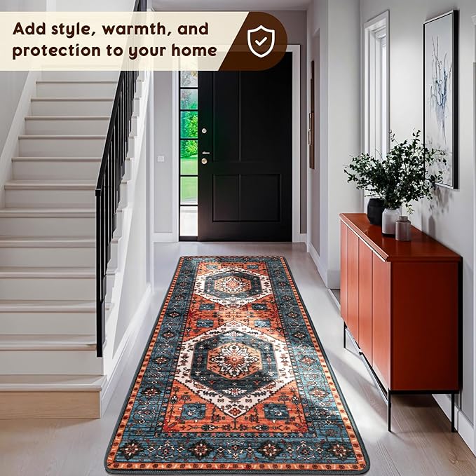 LBRO2M Boho Washable Runner Rug 2'6“X8’ Washable Hallway Runner Rugs Non Slip Low Piles Rugs, Soft, Area Rug Runners for Hallways, Bedroom, Kitchen Laundry Room (2'6"X8', Multi Rust)