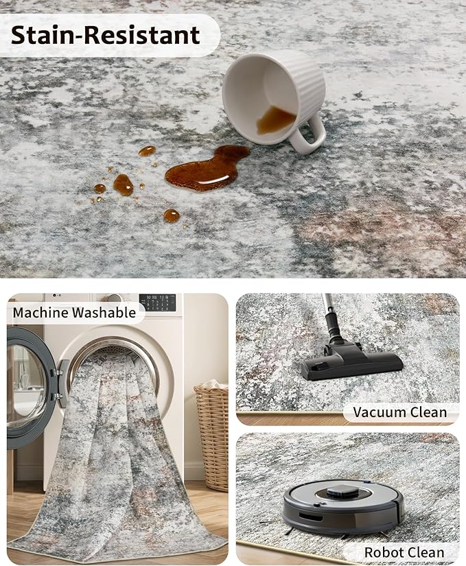 Art&Tuft Washable Rugs 5x7 - Stain Resistant Anti-Slip Backing Abstract 5x7 Area Rugs for Living Room, Foldable Machine Washable Area Rug(5'x7', Grey/Rust)
