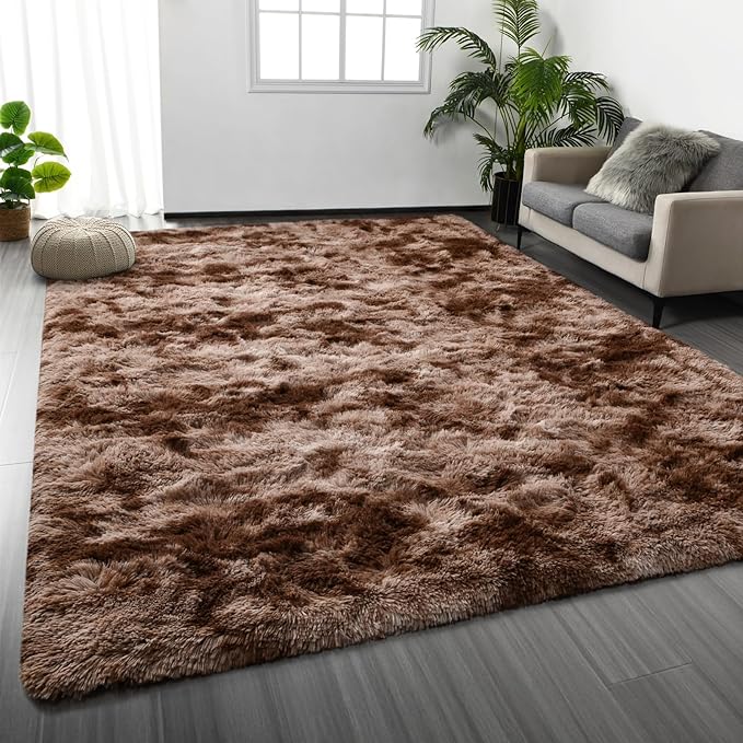 Large Shag Area Rugs 9 x 12, Tie-Dyed Plush Fuzzy Rugs for Living Room, Ultra Soft Fluffy Furry Rug for Bedroom, Indoor Carpet Nursery Rugs for Kids Room Home Decor, Coffee