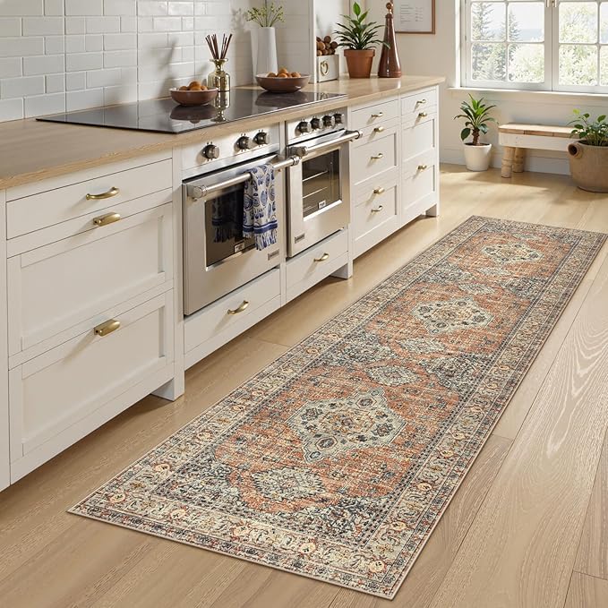 Lahome Oriental Hallway Runner Rug, 2.5x8 Kitchen Runner Non Slip Ultra-Thin, Soft Washable Hallway Rug Distressed Non Shedding Long Carpet for Entryway ?랰aundry Room Bathroom, Peach/Orange