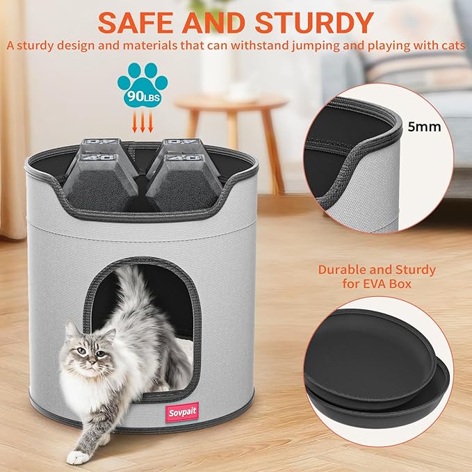 Cat House for Indoor Cats Large Double Cat Beds Cave with Cat Scratcher Pad Toys w/Catnip,Soft Washable Cushion Cat House Shelter D15xH15in Grey (Metal Cage Balls+5mm Pad)