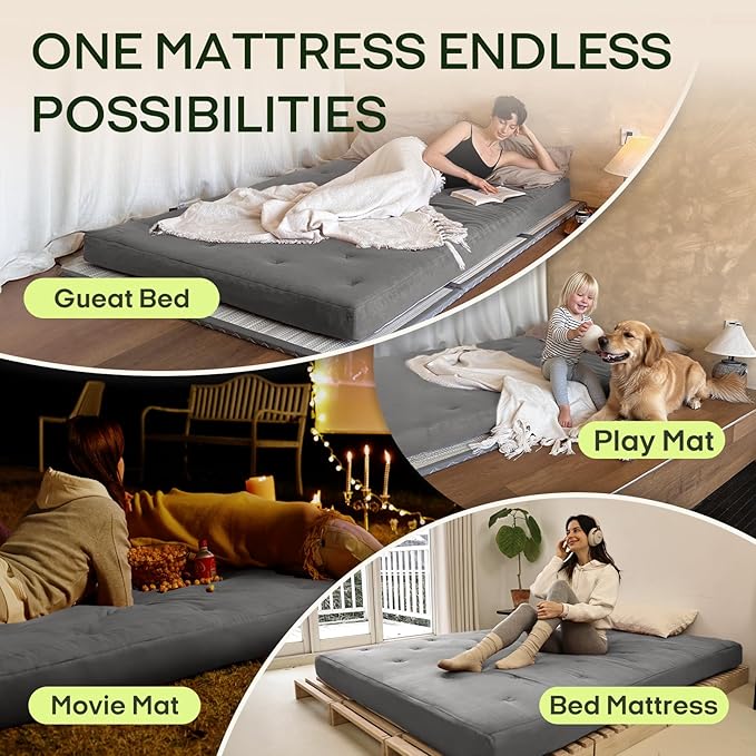 ZonLi Japanese Floor Futon Mattress Queen Size 60"x 80",100% Cotton Cover 6'' Thicken Tatami Mattress,Foldable Sleeping Pad,Portable Dormitory Tatami Mat,Roll Up Floor Lounger Bed for Adult (Grey)