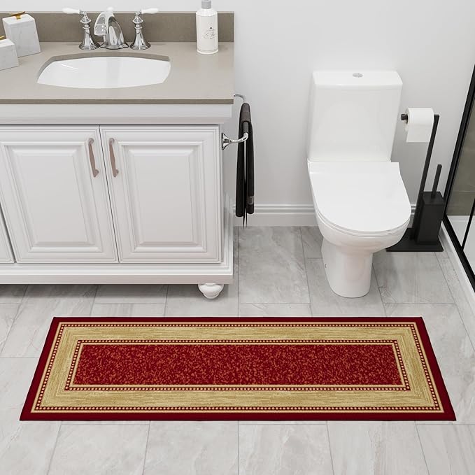 Ottomanson Hallway Runner Rug 20" x 53" Non Slip Border Area Rugs Easy to Clean Laundry Rug Runner Durable & Pet Friendly Floor Carpet Runners for Hallways Entryway Living Room Kitchen Bathroom, Red