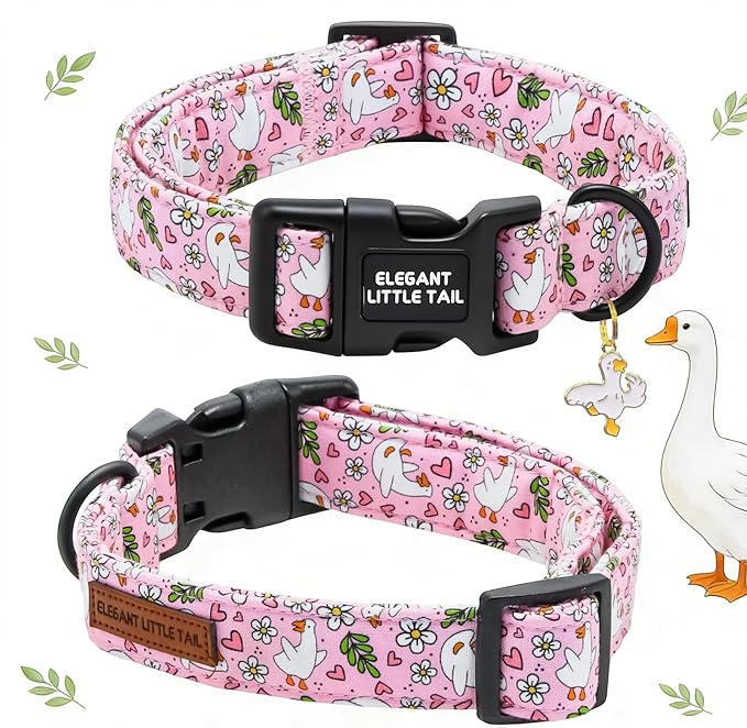 Elegant little tail Dog Collar, White Goose Print Spring/Summer Soft Cotton Puppy Collars Adorable Female or Male Pet Gift Lightweight Plastic Adjustable Dog Collar for Small Dogs