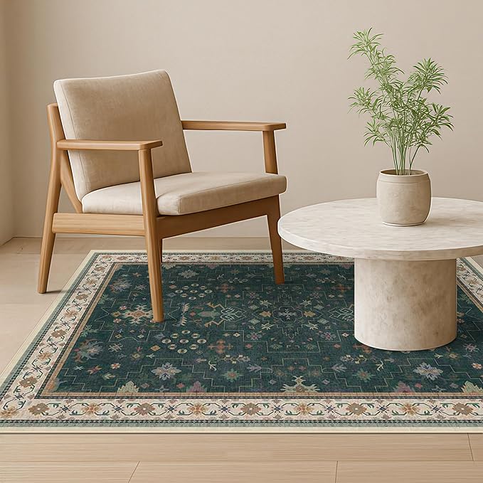 Dark Green 4x6 Living Room Rug - Modern Vintage Boho Floral Forest, Washable Low Pile Non-Slip Area Rugs for Door Mat Entrance, Mudroom, Kitchen, Bedroom Beside Bed, Office