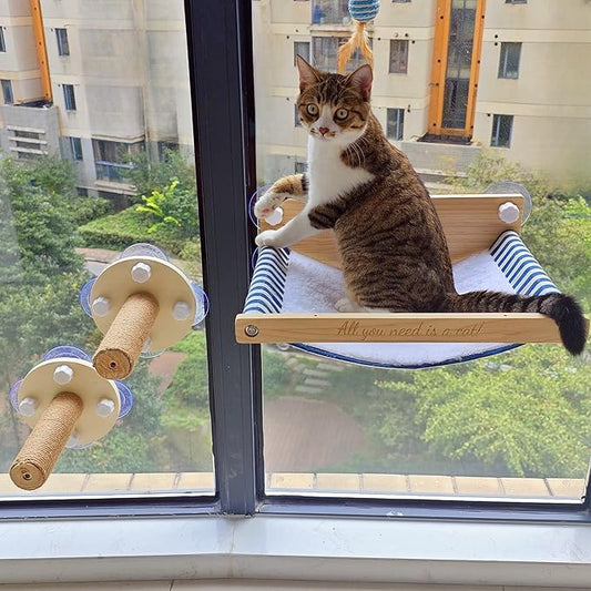 Cat Window Perch with 2 Stairs, Natural Wood, 17'' Wide Hammock, 5 Strong Suction Cups