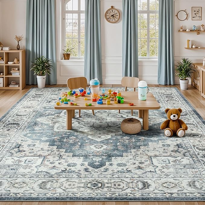 Lessymo 8x10 Vintage Medallion Rug for Living Room, Machine Washable Area Rugs for Bedroom Dining Room Under Table, Soft Low Pile Carpet with Non Slip Backing, Blue Grey/Beige