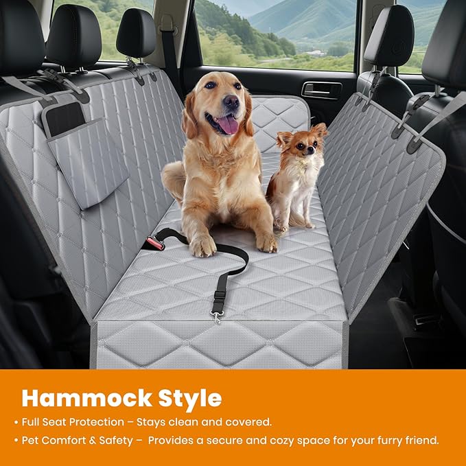 Dog Car Seat Cover for Back Seat 100% Waterproof, Long-Lasting and Soft Nonslip Backseat Dog Cover for Cars, SUVs and Trucks (Grey, Standard (54" W x 59" L))