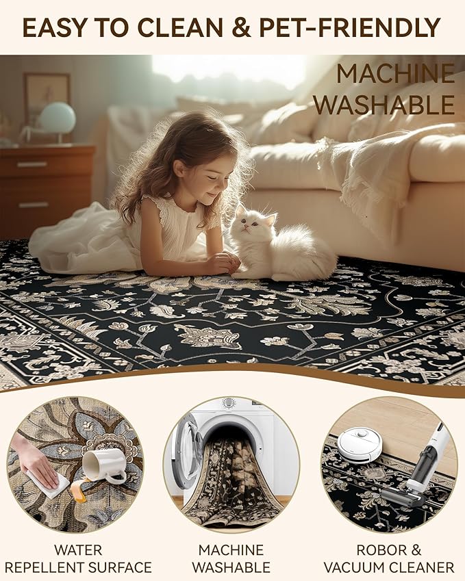 Area Rugs 2'x6' Runner Rug Non Slip Washable for Kitchen Hallway Bedroom Beside Laundry Room Bathroom Rug, Floor Carpet, Black Brown Neutral Dark Tan