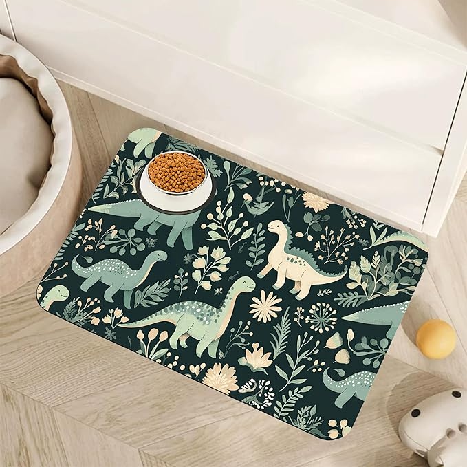 Cute Dinosaur Dog Cat Food Mat,Forest Absorbent Pet Feeding Mat with Rubber Backing,Non-Slip Water Bowl Placemat,Indoor Pet Accessories Supplies 16"x24"