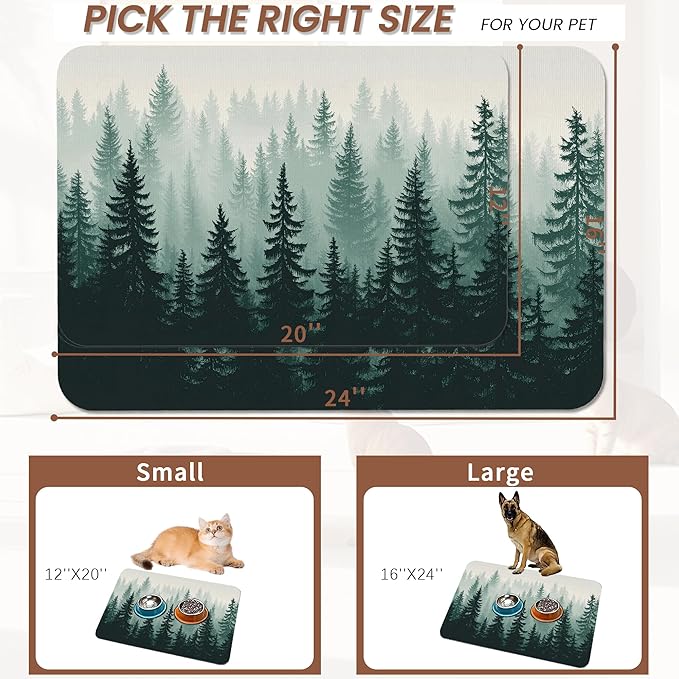 Misty Forest Pet Feeding Mat,Absorbent Quick-Dry Cat Dog Food and Water Bowl Mats,Non-Slip Rubber Backing Mat,Cat Dog Accessories Supplies 16"x24"