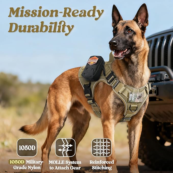 rabbitgoo Tactical Dog Harness Medium Large Sized, No Pull Upgraded Reflective Heavy Duty Molle Vest with Handle, Adjustable Military Service Dog Vest for Walking Hiking Training, Brown, M