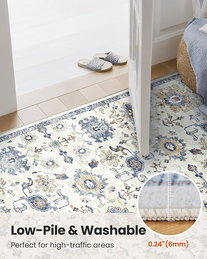 AMADA HOMEFURNISHING 8x10 Washable Area Rug, Low-Profile Large Area Rug with Non-Slip Backing & Durable Edge Binding, Vintage Large Rugs for Living Room, Bedroom, Dinning Room