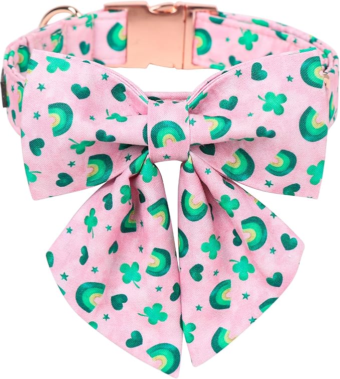 Maca Bates St. Patrick's Day Shamrock Dog Collar,Sailor Bow,Extra Small Girl Boy Dogs, Pink,Green Rainbow,Four Leaf Clover Pattern,Adjustable Durable Soft Collars Irish Gift for Male Female Puppy