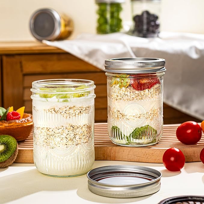 Amzcku 16oz vintage Mason Jars with Lids, Wide Mouth Canning Jar, Safe For Storage, Canning, Pickling, Preserving, Fermenting, DIY Crafts & Decor 6 Pack